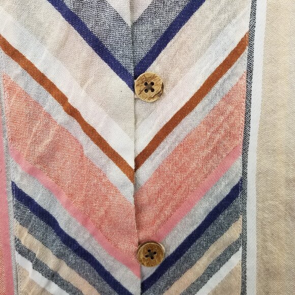 National Linen Tunic L Button Up Camp Shirt Chevron Mandarin Collar Wood Button - Picture 9 of 16